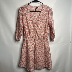 O'neill Womens Tunic Dress Size S Tan & Coral V-Neck Drawstring Waist Chevron